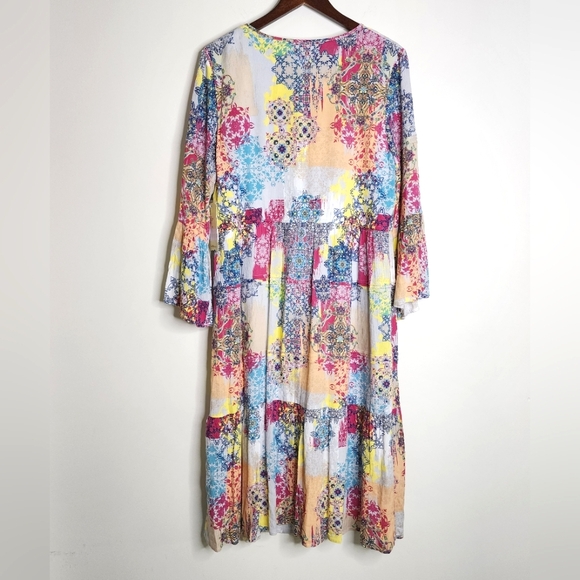 Reba Vintage Boho Patchwork Multi Print Bell Sleeve Midi Dress Med Garden Girl - Picture 7 of 13
